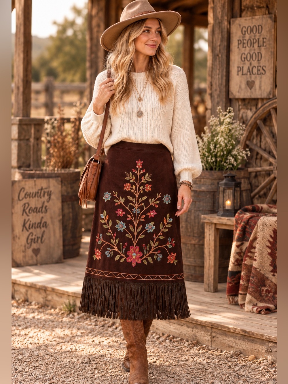 Elisabeth Dalton Embroidered Fringe Skirt Size 8 Chocolate
Brown Western Boho